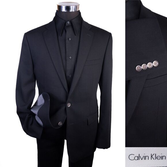 Calvin Klein Solid Black Casual Jacket Sport Coat Blazer Silver Button 42R Wool - Picture 1 of 14